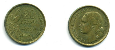 ФРАНЦИЯ 20 ФРАНКОВ 1953 4 ПЕРА KM 917.1 алюминиевая бронза 84-827