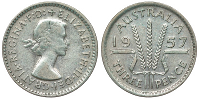 Австралия 3 пенса 1957 m, Елизавета II (1953-) KM 57 серебро 71-531