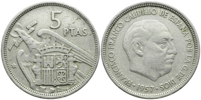 ИСПАНИЯ 5 ПЕСЕТ 1957 (58) ФРАНСИСКО ФРАНКО ДИКТАТОР ИСПАНИИ (1939-1975) KM 786 медно-никель 4395-353