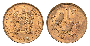 ЮАР 1 цент 1988 герб, капские воробьи KM 82 бронза UNC 4690-1247
