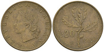 Италия 20 лир 1958 R, дубовая ветвь KM 97.1 алюминиевая бронза    4668-1224