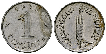 Франция 1 сантим 1968 KM 928, Le Franc 106.15 нержавеющая сталь 4136-831