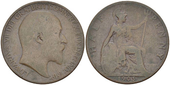 Великобритания 1/2 пенни 1905 Эдуард VII (1901-1910) KM 793.2, Spink 3991 бронза 4544-431