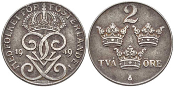 Швеция 2 эре 1949 длинная 9, Густав V (1907-1950) KM 811 железо 119-1035