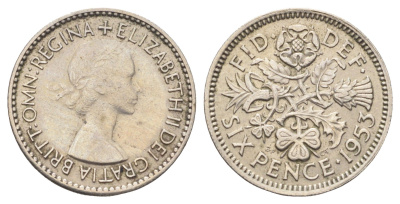Великобритания 6 пенсов 1953 Елизавета II (1952-2022), год-тип KM 889, Spink 4141 медно-никель 4697-642