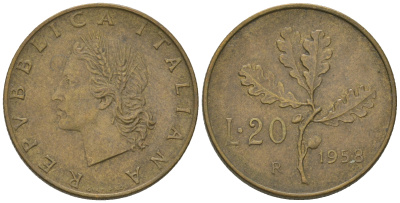 Италия 20 лир 1958 R, дубовая ветвь KM 97.1 алюминиевая бронза    4668-1224