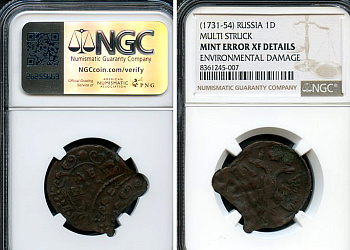 Россия деньга ND (1736-1737) Анна Иоанновна (1730-1740), красивый брак, многократный чекан монетной заготовки со сдвигом, в слабе NGС XF DETAILS  медь    15-024-08