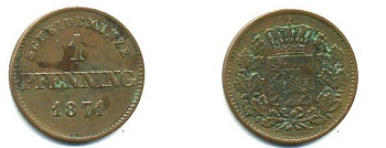 Бавария 1 пфенниг 1871 Людвиг II (1864-1886) KM 271 медь 62-2746