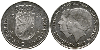 Нидерланды 2 1/2 гульдена 1980 коронация Беатрикс, 30 апреля 1980 KM 201 никель 4384-931