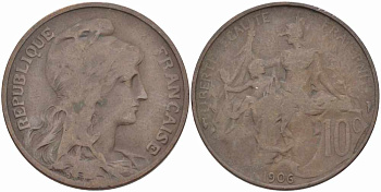 ФРАНЦИЯ 10 САНТИМОВ 1906 ТИП ДАНИЭЛЬ ДЮПЮИ KM 843, LA FRANC 136.16 бронза 109-223