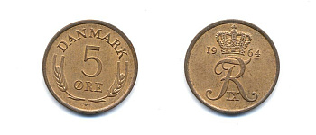 ДАНИЯ 5 ЭРЕ 1964 C; S, ФРЕДЕРИК IX (1947-1972) KM 848.1 бронза UNC 4379-1014