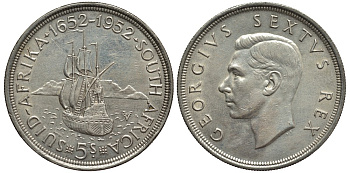 ЮАР 5 шиллингов 1952 Георг VI (1937-1952), 300 лет основания Кейптауна, парусник KM 41 серебро 1520-313