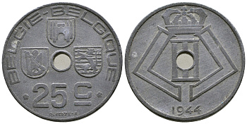 БЕЛЬГИЯ 25 САНТИМОВ 1944 BELGIE-BELGIQUE, ГЕРМАНСКАЯ ОККУПАЦИЯ, ВТОРАЯ МИРОВАЯ ВОЙНА KM 132 цинк 4379-126