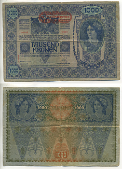 АВСТРИЯ 1000 КРОН 1919 КРАСНАЯ ГОРИЗОНТАЛЬНАЯ НАДПЕЧАТКА НА 1902 Pick 60 бумага 6299-35-2