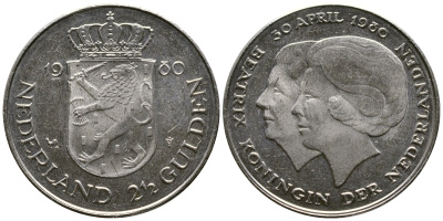Нидерланды 2 1/2 гульдена 1980 коронация Беатрикс, 30 апреля 1980 KM 201 никель 4384-931