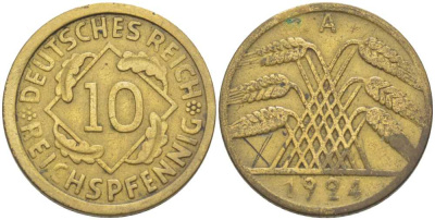 ГЕРМАНИЯ 10 РЕЙХСПФЕННИГОВ 1924 A KM 40, J.317, Weege 9 алюминиевая бронза 202-243
