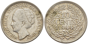 Нидерланды 10 центов 1944 Вильгельмина (1890-1948) KM 163 серебро aUNC 4392-1335