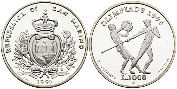 Сан-Марино 1000 лир 1995 XXVI летние Олимпийские игры в Атланте 1996 года, копьеметатель и дискобол KM 332 серебро PROOF 1096-4-12