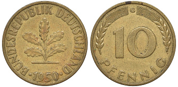 ФРГ 10 пфеннигов 1950 C KM 108, J. 383 сталь плакированная латунью 4132-517