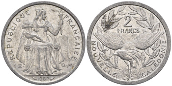Французская Новая Каледония 2 франка 1982 птица кагу, (IEOM) KM 14, Schoen 11, Lec 62 алюминий    27-511