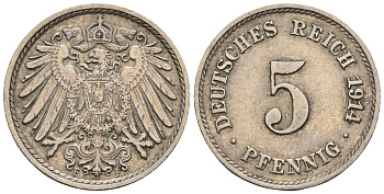 Германия 5 пфеннигов 1914 F, KM 11, J. 12 медно-никель 220-739