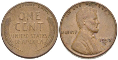 США 1 ЦЕНТ 1957 D, ЛИНКОЛЬН KM А132 медь цинк 3309-1218