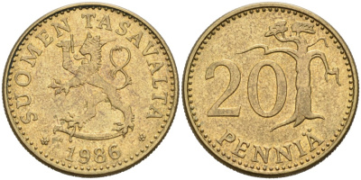 ФИНЛЯНДИЯ 20 ПЕННИ 1986 N KM 47 алюминиевая бронза 4563-337