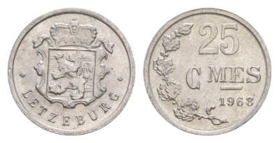 Люксембург 25 сантимов 1968 Герцог Жан (1964-1999) KM 45a алюминий 4643-525