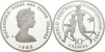 Теркс и Кайкос 10 крон 1982 чемпионат мира по футболу 1982 года в Испании, вратарь и игрок KM 57 серебро PROOF 00-00