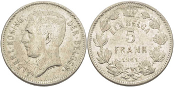 БЕЛЬГИЯ 5 ФРАНКОВ 1931 АЛЬБЕРТ I, DER BELGEN KM 98 никель 3851-343