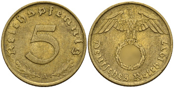 Германия 5 рейхспфеннигов 1937 A KM 91, J. 363 алюминиевая бронза 4151-746