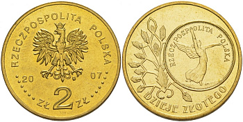 Польша 2 злотых 2007 MW, серия история польского злотого, Ника KM 592 нордик UNC 4676-432