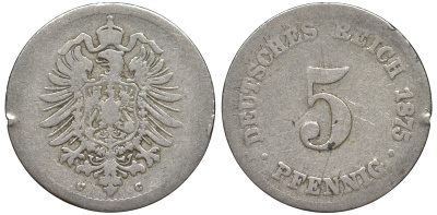 Германия 5 пфеннигов 1875 C, старогербовка KM 3, Jager 3, Weege 5 медно-никель 45-1051