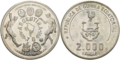 Экваториальная Гвинея 2000 экуэле 1978 чемпионат мира по футболу в Аргентине 1978 года, тираж 195 экземпляров серебро PROOF 10-014-07