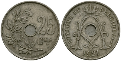 Бельгия 25 сантимов 1921 Belgique KM 68 медно-никель 4168-1234