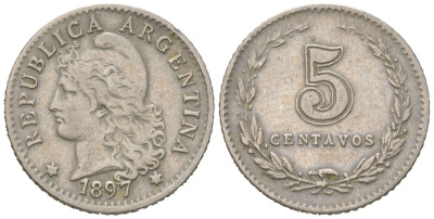 Аргентина 5 сентаво 1897 голова свободы влево KM 9 медно-никель 4615-823