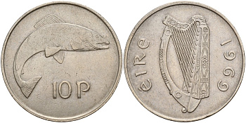 Ирландия 10 пенсов 1969 лосось KM 23 медно-никель 4140-321