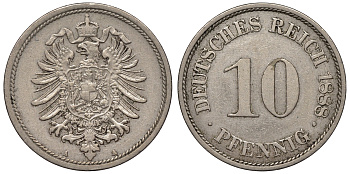 Германия 10 пфеннигов 1888 А, старогербовка KM 4, J. 4 медно-никель 4115-439
