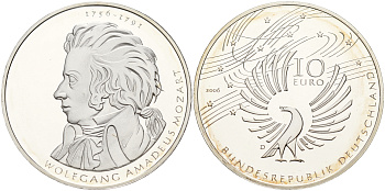 ФРГ 10 евро 2006 D, 250 лет со дня рождения Вольфганга Амадея Моцарта KM 248, DE.S. 10.29 серебро PROOF 1066-11-34