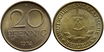 ГДР 20 пфеннигов 1974 А KM 11 латунь UNC 54-2125