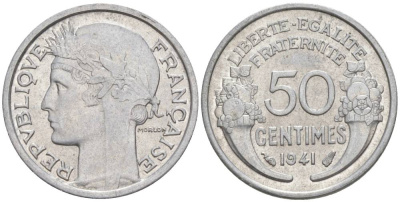 ФРАНЦИЯ 50 САНТИМОВ 1941 ТИП MORLON LOURDE KM 894.1a, LE FRANC 193.2 алюминий 44-321