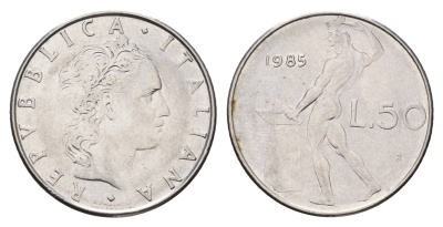 Италия 50 лир 1985 R, бог огня Вулкан у наковальни KM 95.1 нержавеющая сталь 186-1022