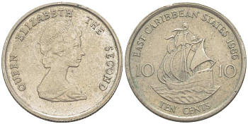 Восточно-Карибские штаты 10 центов 1986 Елизавета II (1952-2022), парусник KM 13 медно-никель 217-1017