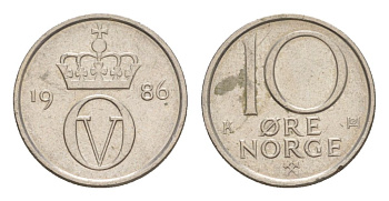 Норвегия 10 эре 1986 Улаф V (1957-1991) KM 416 медно-никель 4632-1212