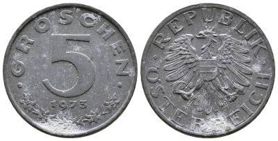 АВСТРИЯ 5 ГРОШЕЙ 1973 KM 2875 цинк 57-1343