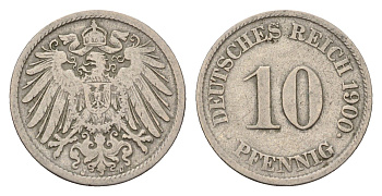 Германия 10 пфеннигов 1900 J, Вильгельм II (1888-1918) KM 12, J. 13 медно-никель 4636-827