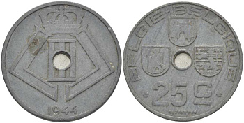 БЕЛЬГИЯ 25 САНТИМОВ 1944 BELGIE-BELGIQUE, ГЕРМАНСКАЯ ОККУПАЦИЯ, ВТОРАЯ МИРОВАЯ ВОЙНА KM 132 цинк 213-316