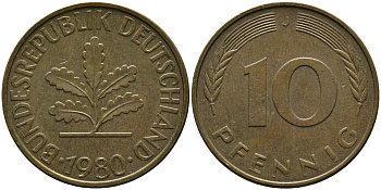 ФРГ 10 ПФЕННИГОВ 1980 J KM 108, J.383 сталь плакированная латунью 33-141