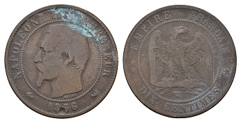 Франция 10 сантимов 1856 W, Наполеон III (1852-1870) KM 771.7 бронза 34-223