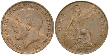 Великобритания 1 пенни 1920 Георг V (1910-1936) KM 810, Spink 4051 бронза    69-735